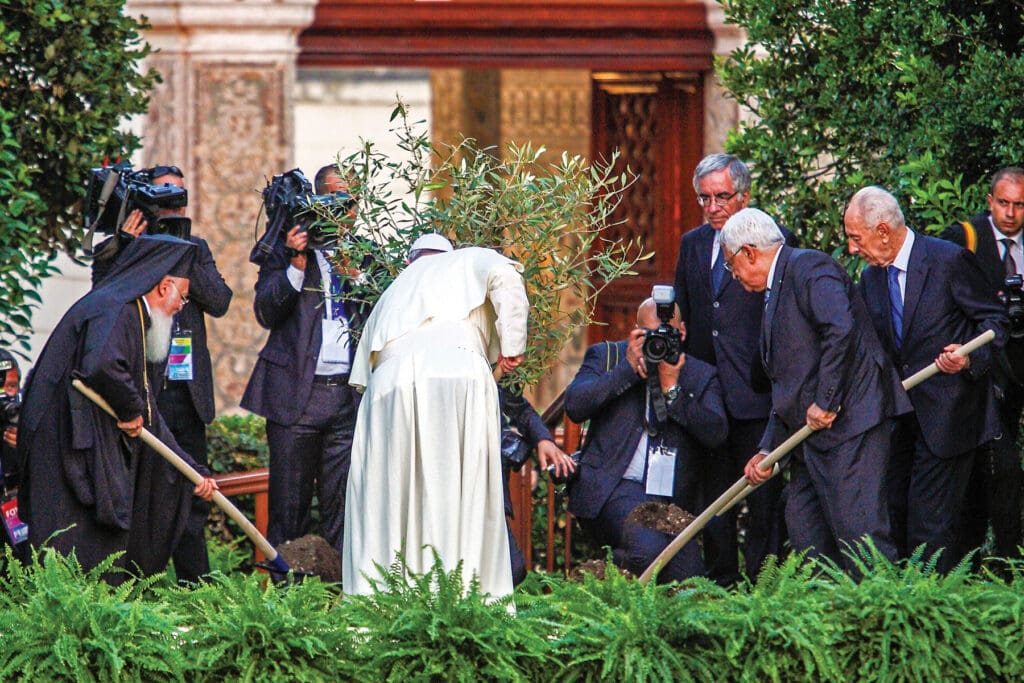 Se observa de espaldas al papa plantando un árbol con otras personas.