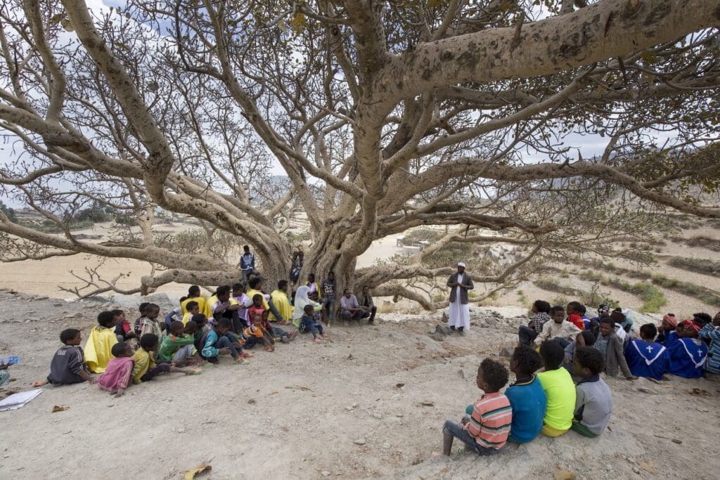 Un sacerdote habla con muchos niños sentados bajo un árbol.