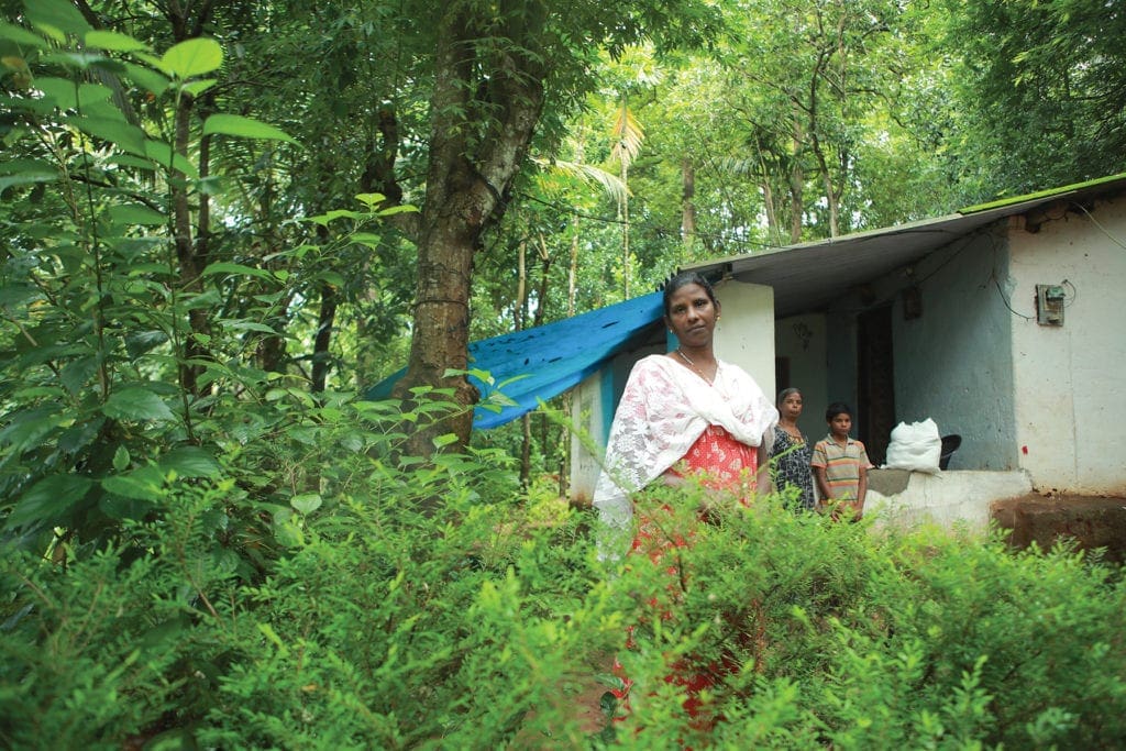 A woman stands in the foreground looking over some verdant foliage; in the background, two family members stand near their home.