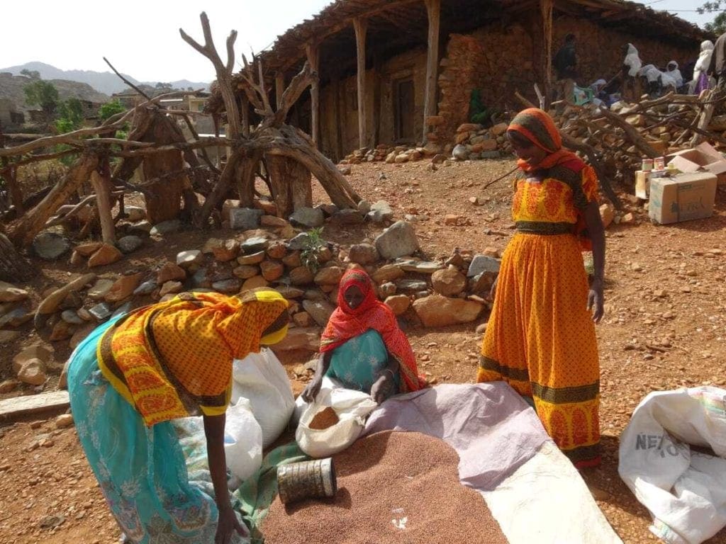 women in headscarves and colorful dresses scoop grain into bags from a central stock.