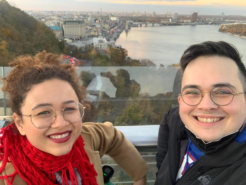 Julian Hayda and his wife, Summer Fields, pose for a photo during their time in Kyiv last fall.