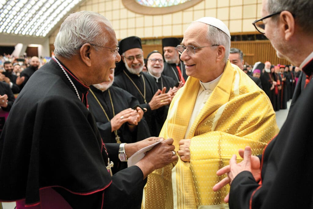 Pope Leo greets Metropolitan Andrews Thazhath, archbishop of the Syro-Malabar Catholic Archeparchy of Trichur, India.