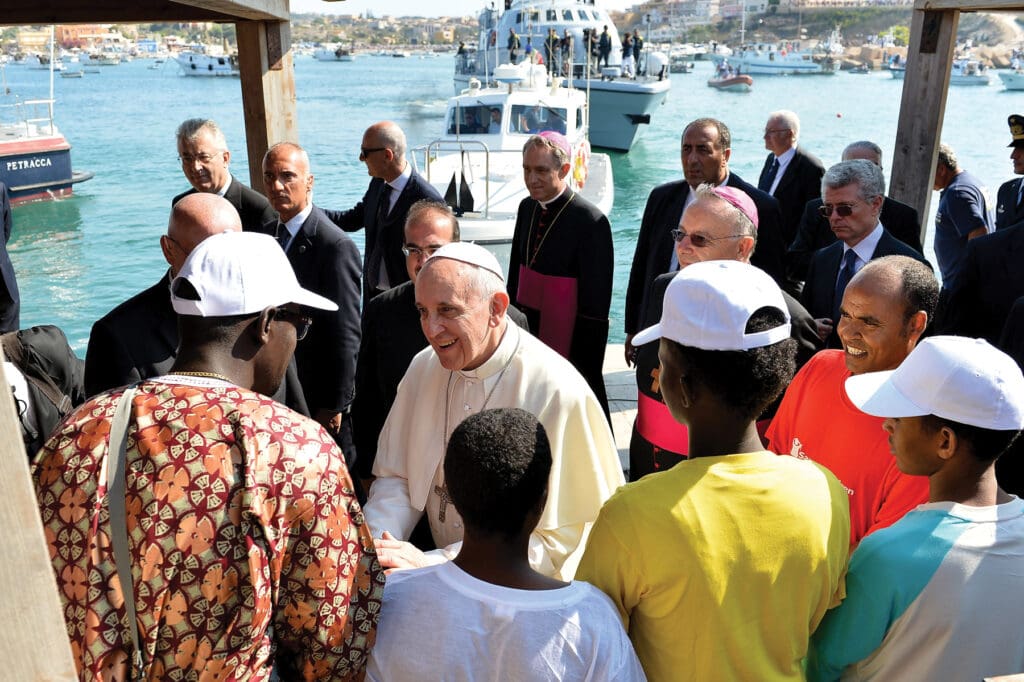 Pope Francis meets migrants in Lampedusa, Italy.