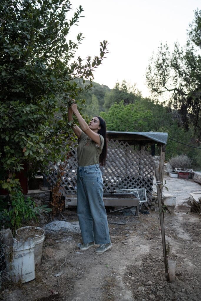 A woman collects plants.