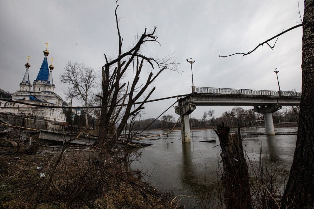 A destroyed bridge in eastern Ukraine.