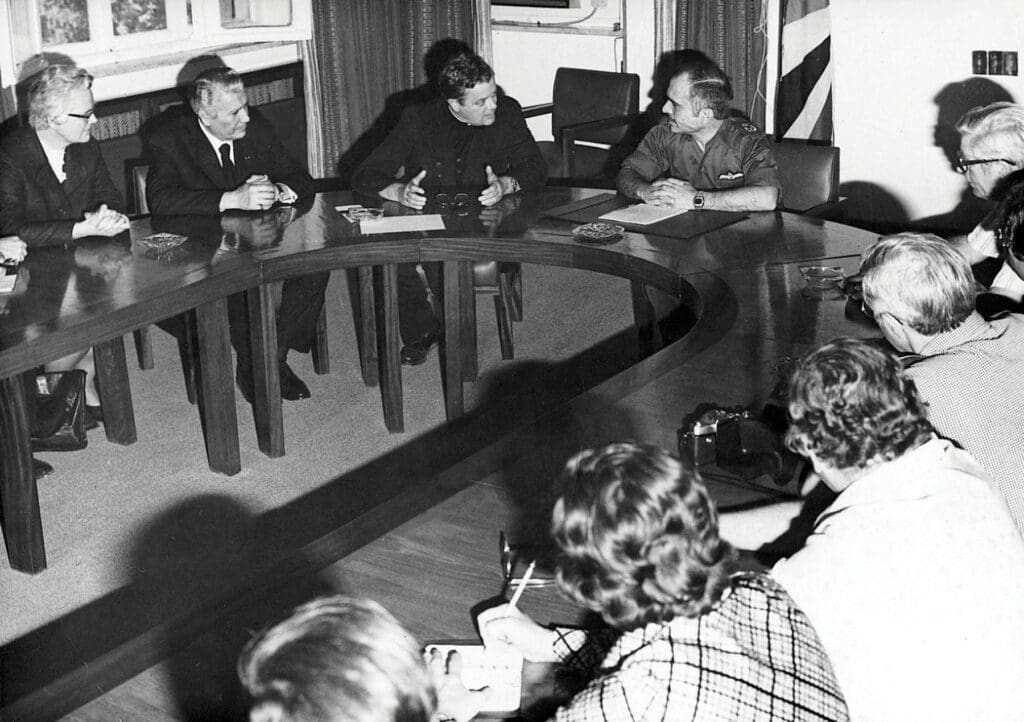 Msgr. Nolan and members of the Catholic press meet with King Hussein I of Jordan.